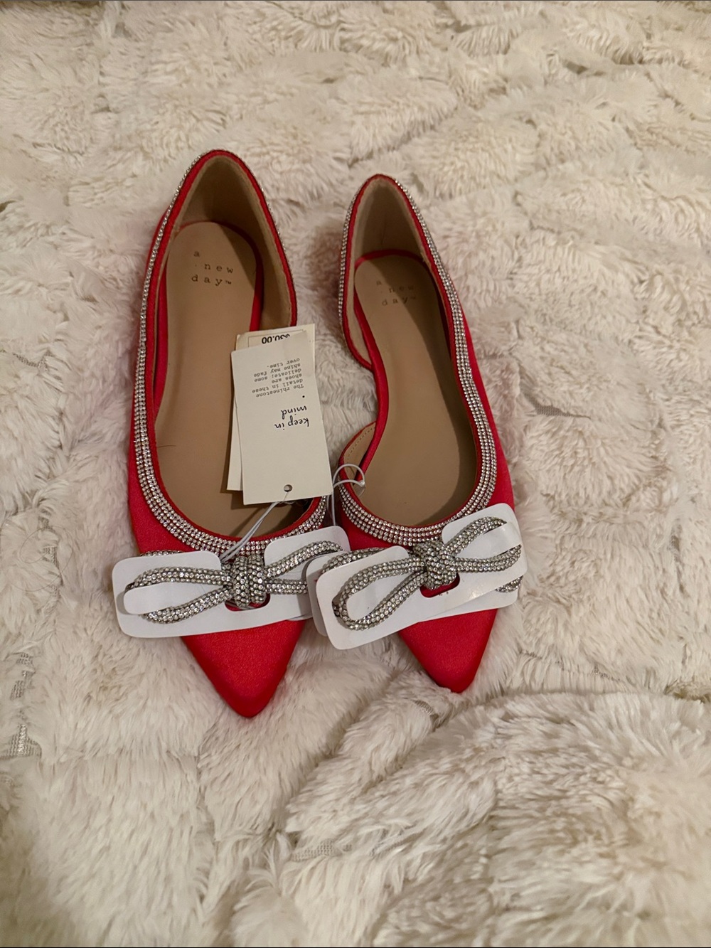 a new day Bright Red Pointed Ballet Flats with Crystal Bow